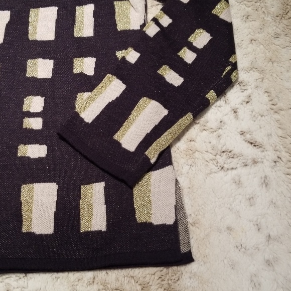 Ann Taylor Blue White Gold Light Weight Wool Blend Check Print Sweater Size S - Picture 2 of 6